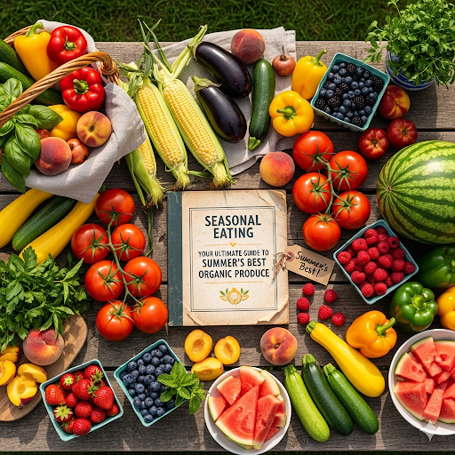 A stylized image showing a vibrant collection of fresh, organic summer produce like tomatoes, zucchini, and berries.